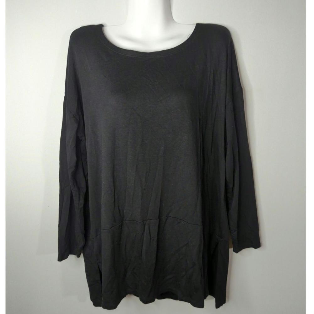 Eileen Fisher Black Tencel Lyocell Long Sleeve Casual Carew Neck Tee Size‎ PM